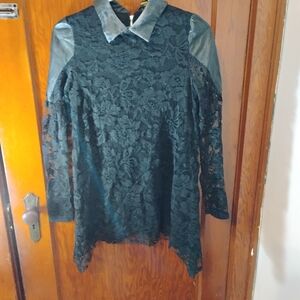 Elegant Black Lace With Leather Accent Blouse